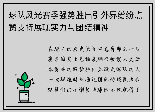 球队风光赛季强势胜出引外界纷纷点赞支持展现实力与团结精神