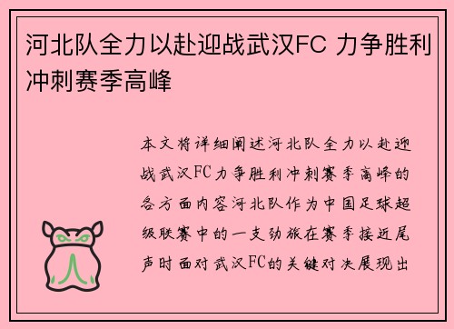 河北队全力以赴迎战武汉FC 力争胜利冲刺赛季高峰