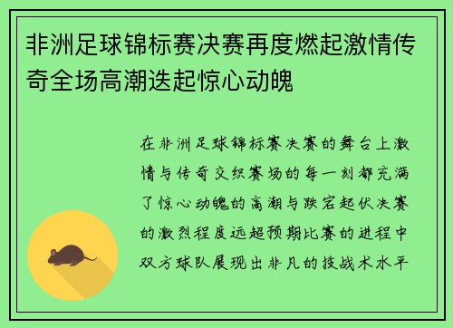 非洲足球锦标赛决赛再度燃起激情传奇全场高潮迭起惊心动魄
